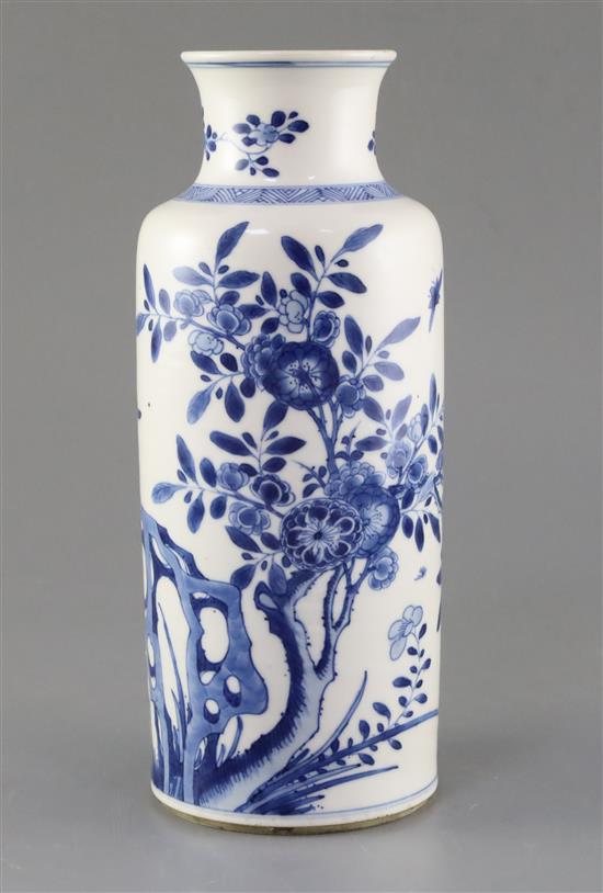 A Chinese blue and white cylindrical vase, Kangxi period, H. 26cm, drilled hole to side of the base